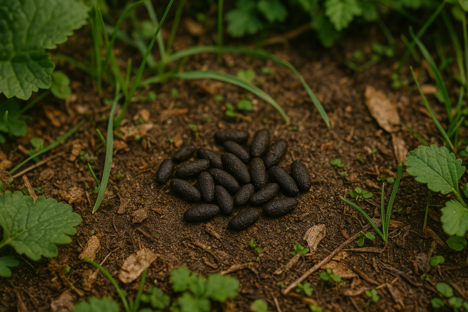 Nahaufnahme von Rattenkot im Garten - Anzeichen für Rattenbefall erkennen