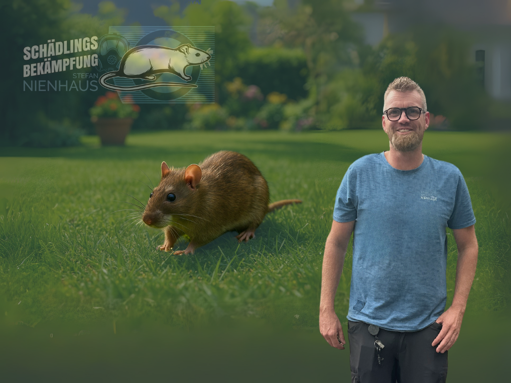 Schädlingsbekämpfer Stefan Nienhaus im Garten mit Ratte - Ratten im Garten erkennen und bekämpfen NRW