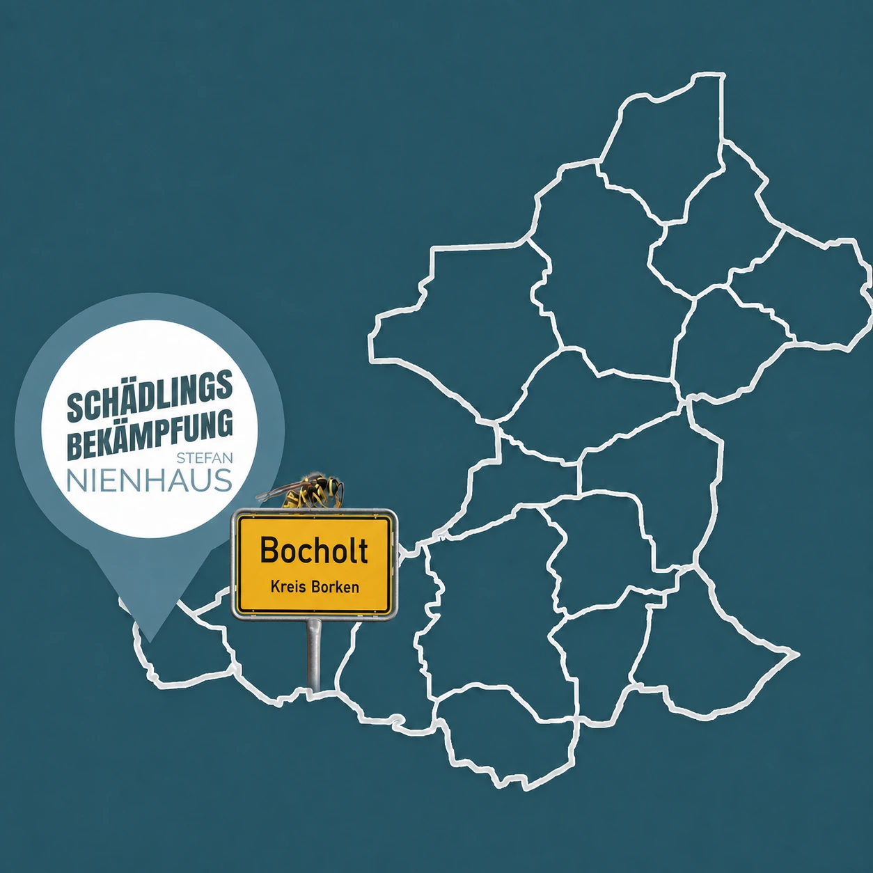 Einsatzgebiet Kreis Borken mit Bocholt-Ortsschild und Nienhaus-Standort – Wespenbekämpfung Bocholt