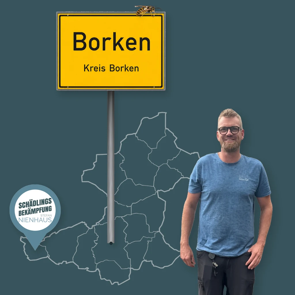 Wespenbekämpfung Borken: Stefan Nienhaus, IHK-geprüfter Schädlingsbekämpfer aus Isselburg, mit Ortsschild Borken und Karte des Einsatzgebiets.