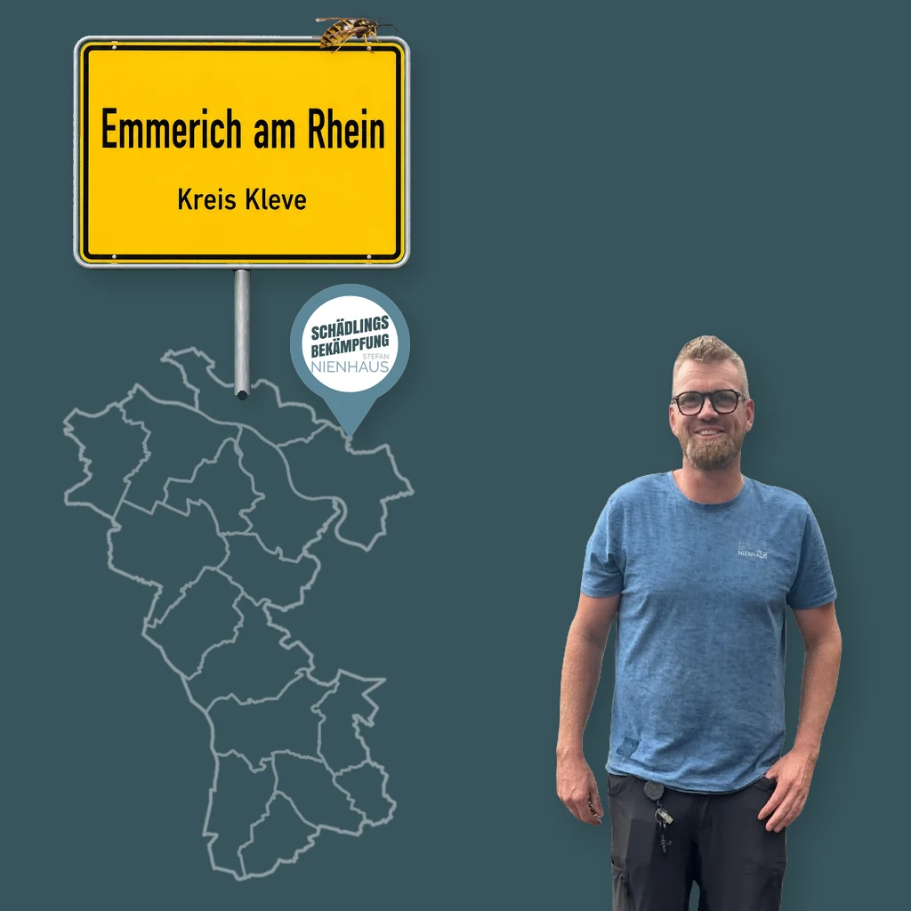 Wespenbekämpfung Emmerich am Rhein: Stefan Nienhaus, IHK-geprüfter Schädlingsbekämpfer aus Isselburg, mit Ortsschild Emmerich am Rhein und Karte des Einsatzgebiets.