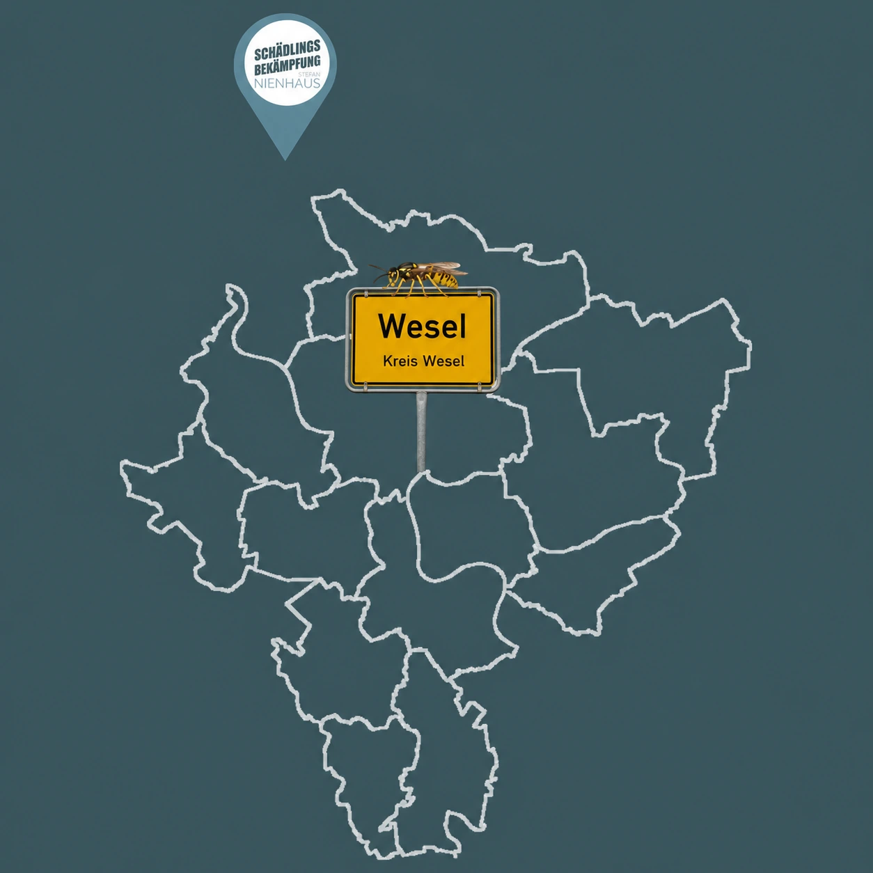 Einsatzgebiet Kreis Wesel mit Wesel-Ortsschild und Nienhaus-Standort – Wespenbekämpfung Wesel