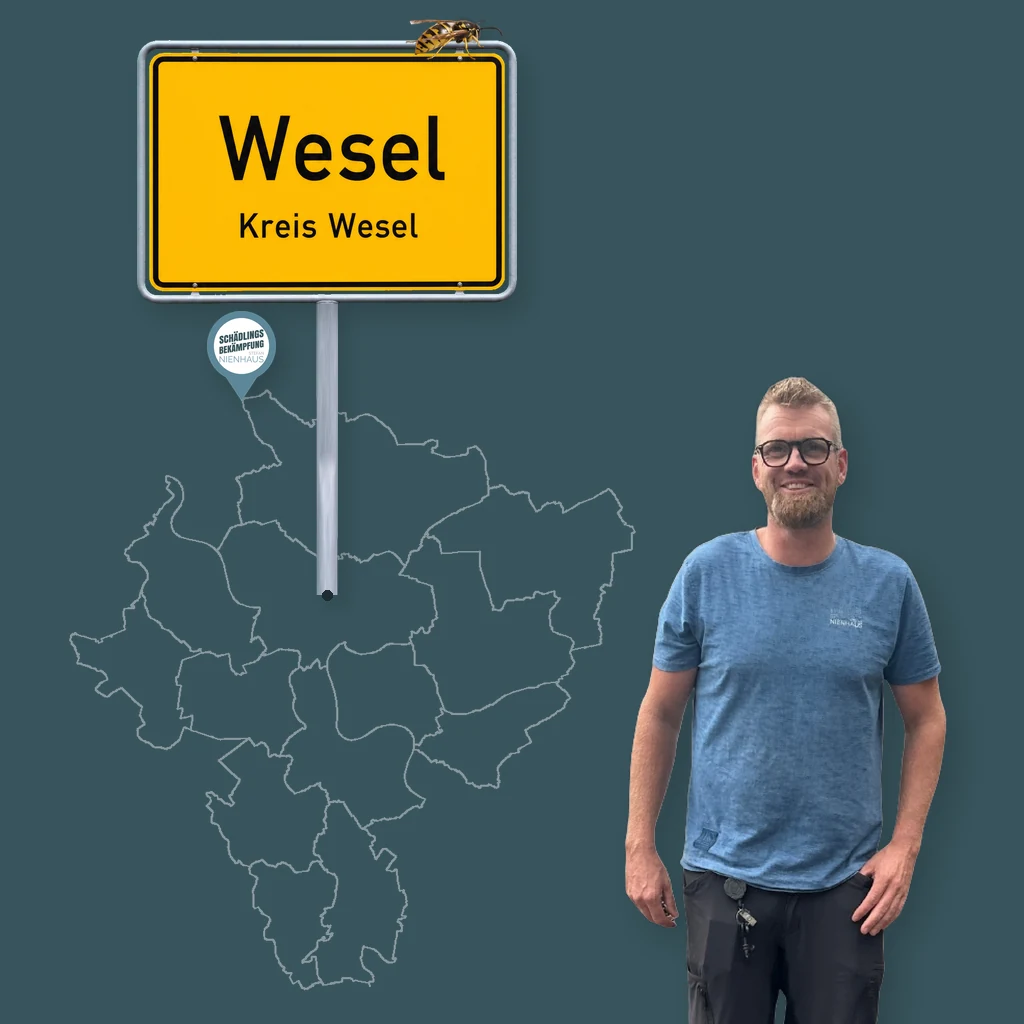 Wespenbekämpfung Wesel: Stefan Nienhaus, IHK-geprüfter Schädlingsbekämpfer aus Isselburg, mit Ortsschild Wesel und Karte des Einsatzgebiets.
