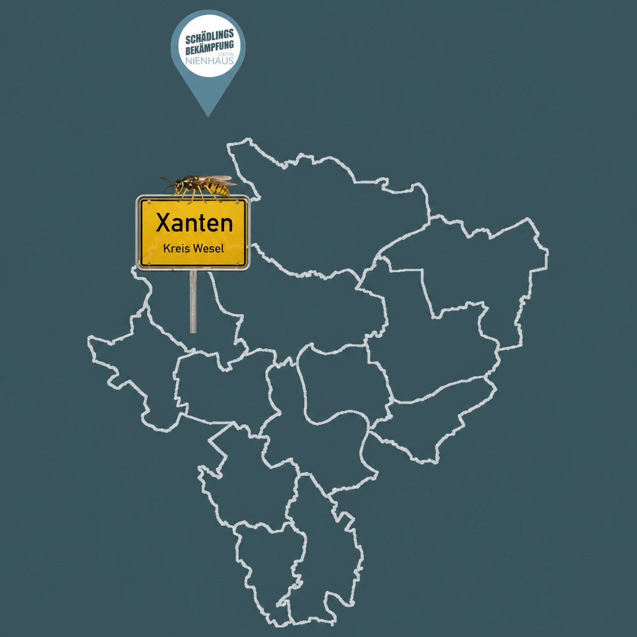 Einsatzgebiet Kreis Wesel mit Xanten-Ortsschild und Nienhaus-Standort – Wespenbekämpfung Xanten
