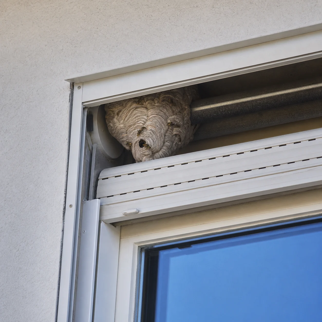 Wespennest der Deutschen Wespe (Vespula germanica) im Rollladenkasten eines Fensters in Emmerich am Rhein – Wespenbekämpfung Emmerich am Rhein