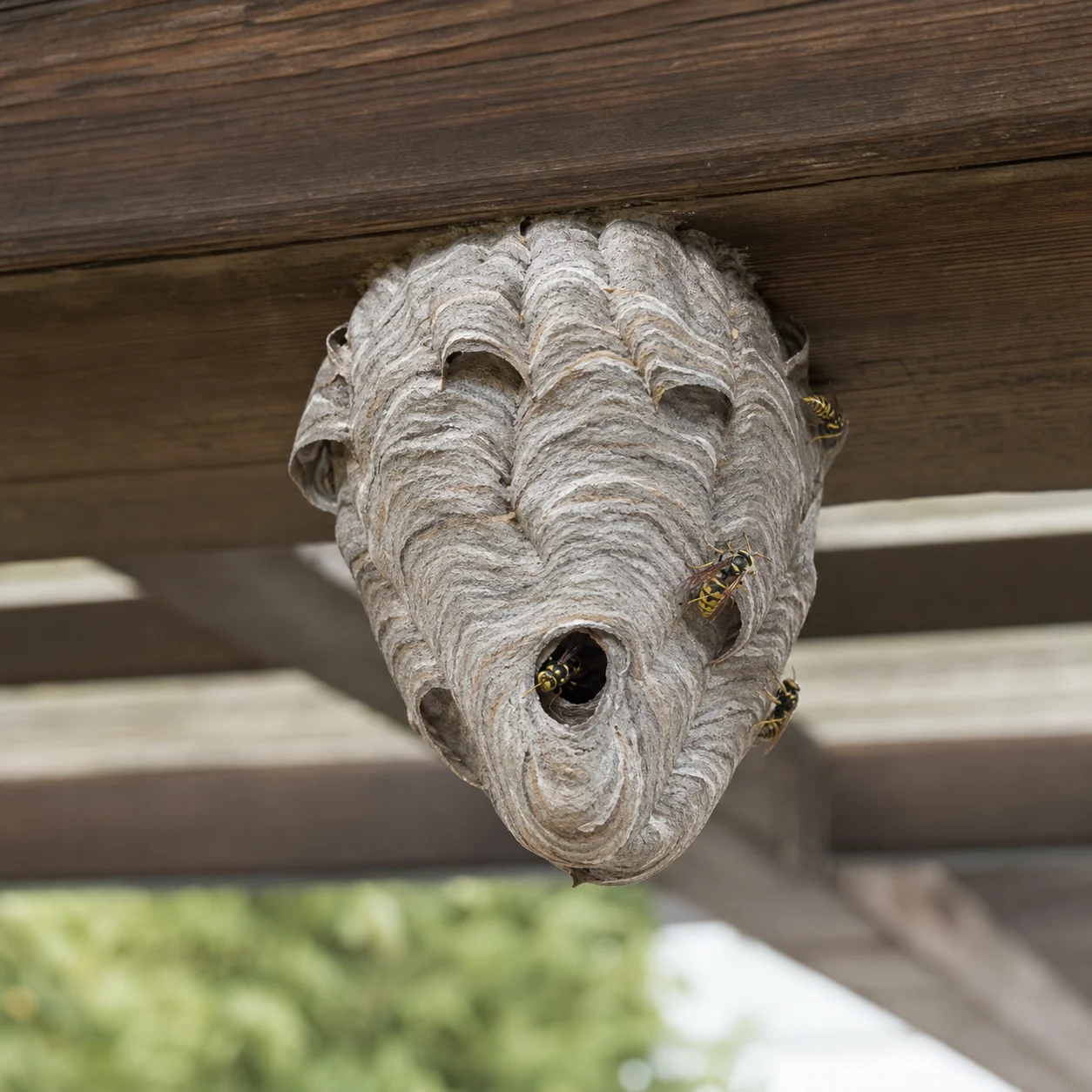 Graues Wespennest der Deutschen Wespe an einem Carport-Unterzug in Isselburg – Wespenbekämpfung Isselburg