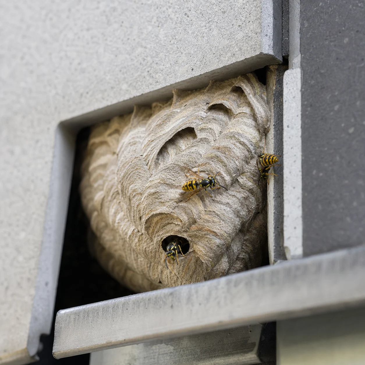 Wespennest der Deutschen Wespe (Vespula germanica) in einem Hohlraum der Fassadenverkleidung in Rees – Wespenbekämpfung Rees