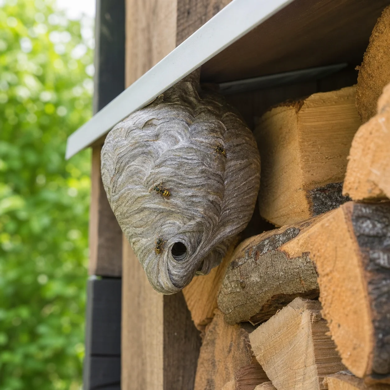 Wespennest der Deutschen Wespe (Vespula germanica) an einem Holzstapel neben dem Gerätehaus im Garten in Xanten – Wespenbekämpfung Xanten
