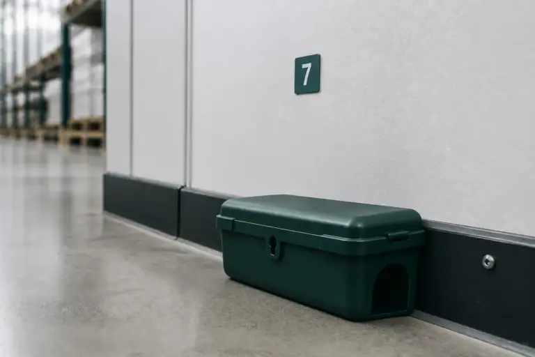 Geschlossene Ratten-Köderstation steht auf dem Boden an der Wand eines Lagers, Wartungsvertrag Schädlingsbekämpfung