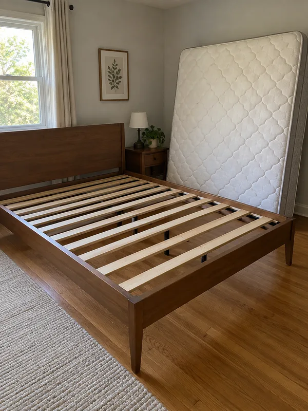 Schlafzimmer mit abgezogenem Bett und hochgestellter Matratze bei Bettwanzen