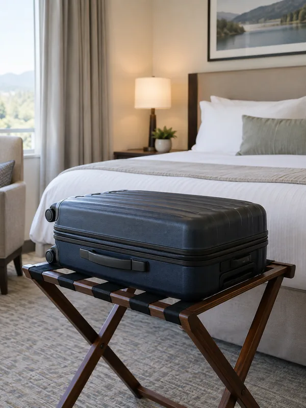 Koffer auf der Gepäckablage im Hotelzimmer gegen eingeschleppte Bettwanzen