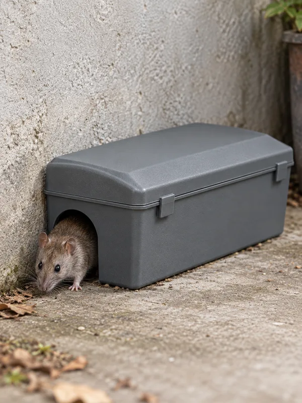 Verschlossene Köderstation vor einer Hauswand zum Ratten im Garten bekämpfen