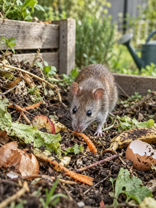 Ratte am offenen Komposthaufen mit Gemüseresten im Garten