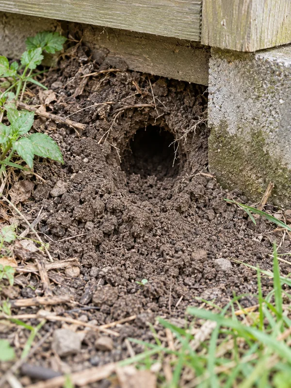 Rattenbau im Erdreich unter einem Gartenschuppen, Zeichen für Ratten im Garten