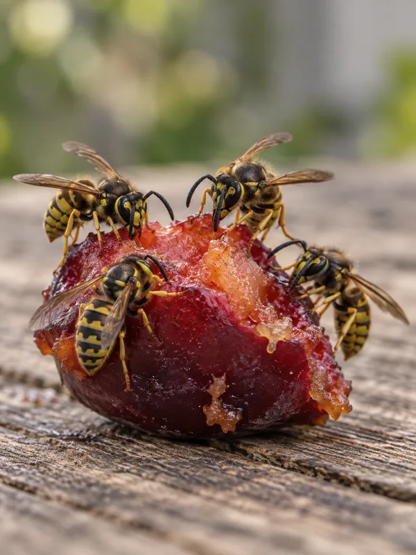 Wespen an einer aufgeplatzten Pflaume im Garten nahe einem Wespennest